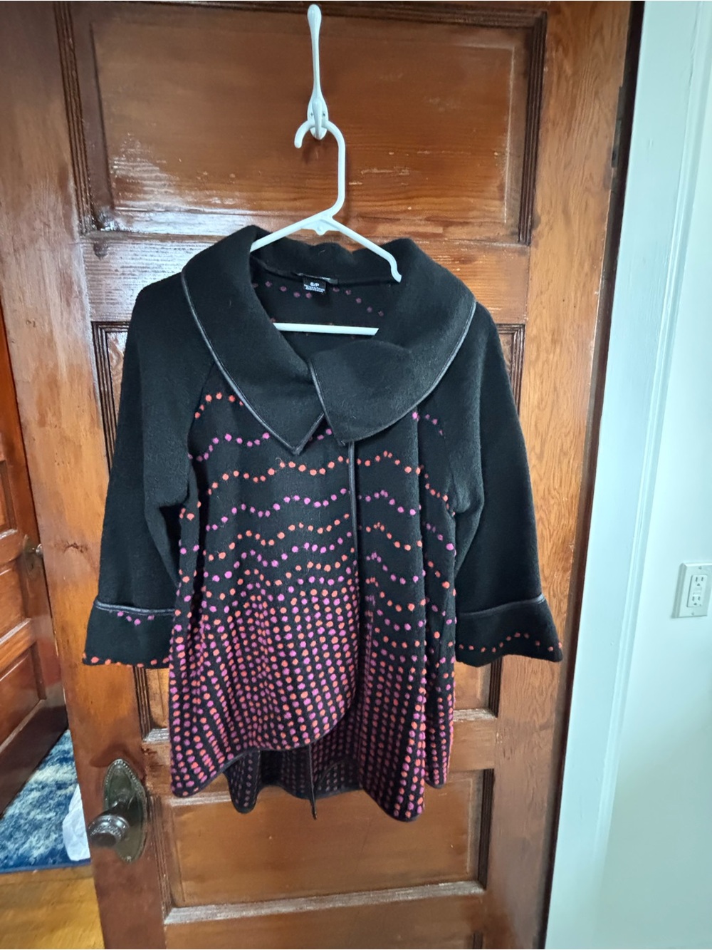 Women’s Black Jacket with Pink Dot Pattern..asymmetrical front